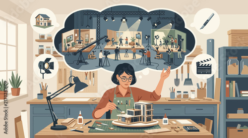 Woman building architectural miniature and dreaming of movie set design