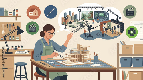 Female Model Builder Crafting Architectural Scale Model in Studio