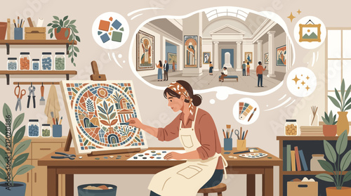 Mosaic Artist Creating Artwork in Studio with Gallery Vision