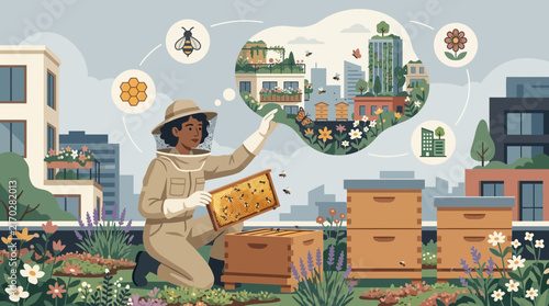 Urban Beekeeper Tending Hives on a Sustainable City Rooftop Garden