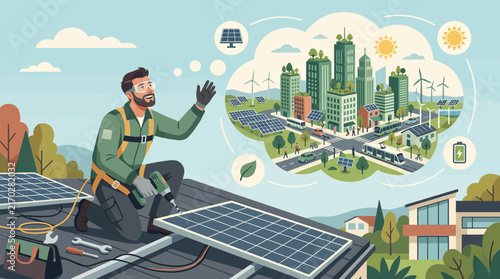 Solar technician dreaming of a sustainable green future city