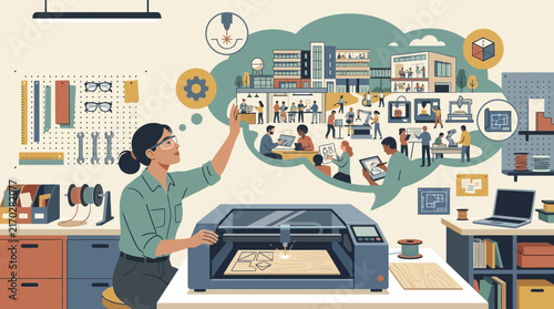 Female engineer operating a laser cutter in a creative makerspace