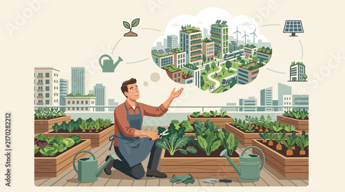 Male Gardener Tending Rooftop Vegetables and Visualizing Future Sustainable Eco City