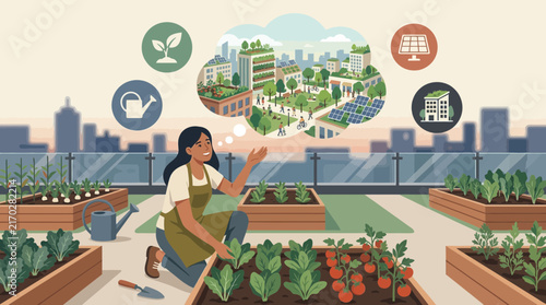 Woman tending rooftop garden with vision of sustainable green city