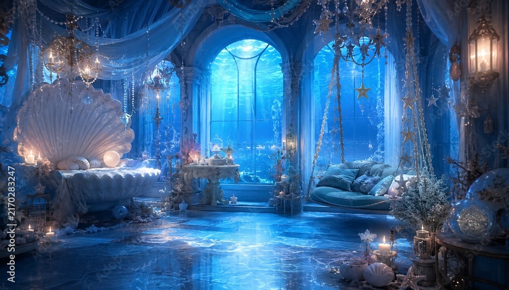 Naklejka premium Underwater fantasy bedroom with seashell bed and ocean view