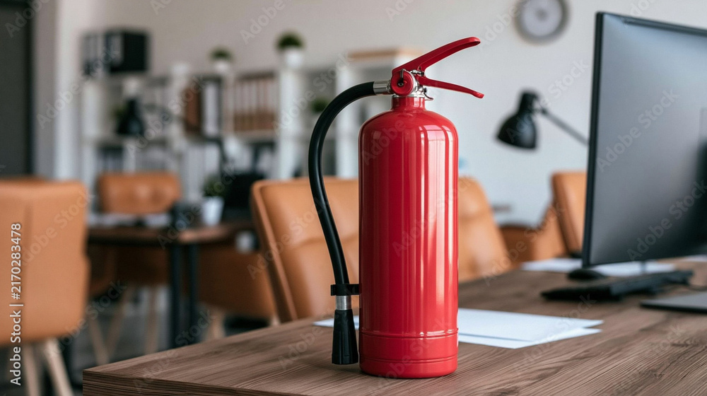 Obraz premium Red Fire Extinguisher on Office Desk: A vibrant red fire extinguisher stands ready for action on a wooden office desk, amidst a backdrop of office furniture.