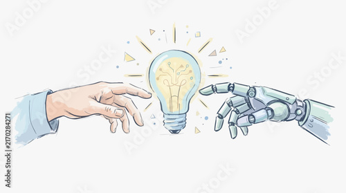 Human and Robot Hands Reaching Toward a Glowing Light Bulb Representing Innovation and AI Synergy