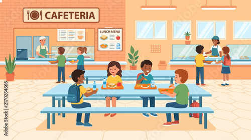 Children Eating in School Cafeteria Vector Illustration