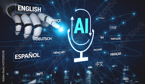 Cuadro en lienzo Futuristic AI Technology with Multilingual Speech Recognition and Language Translation Demonstration in a Digital Environment Quark