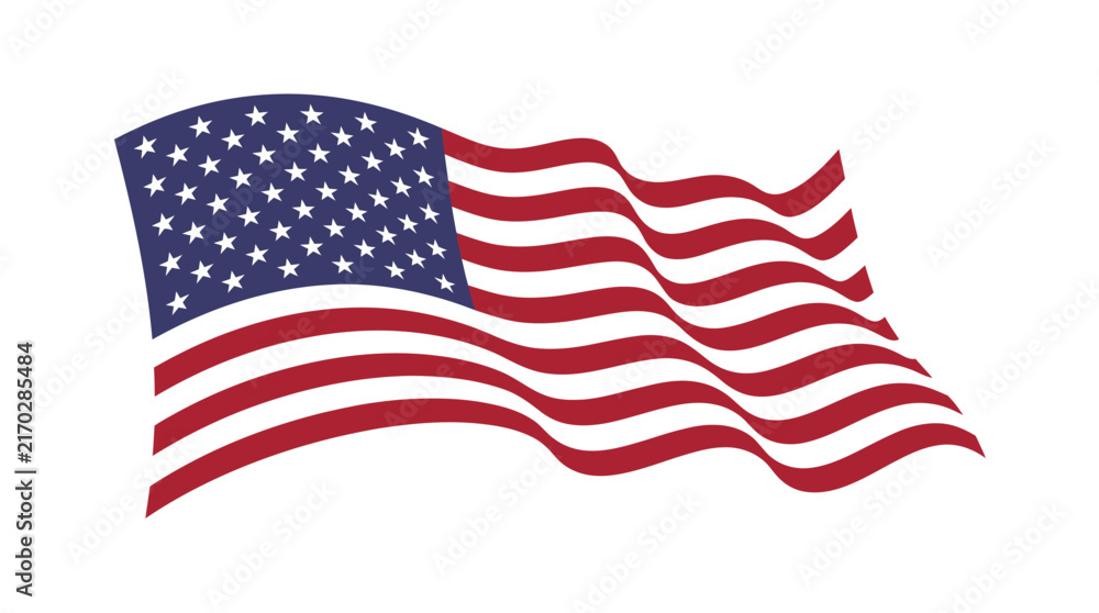Obraz premium Waving American flag illustration with stars and stripes isolated on a white background.