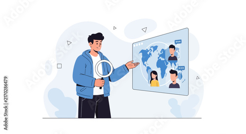 Man with Magnifying Glass Explores Global Connections on Digital Screen