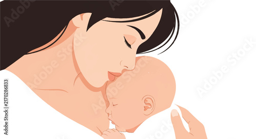 A stylized top-down view of a baby's head resting on a mother's chest, emphasizing the importance of skin contact and bonding. Minimalist flat vector artwork, clipart style, absolute solid block
