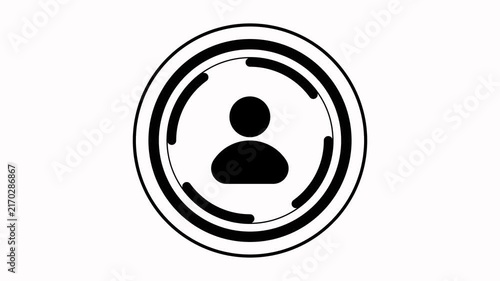 Simple black silhouette of a person within a circular featuring concentric rings and segmented arcs on a plain white background representing user profile.