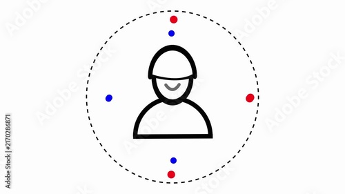 Black And White Outline Of A Person Wearing A Helmet Within A Dashed Circle And Pink Blue Dots On White Background.