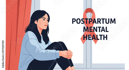 A woman sitting by a window, looking out with a calm but contemplative expression, representing postpartum mental health awareness. Minimalist flat vector artwork, clipart style, absolute solid