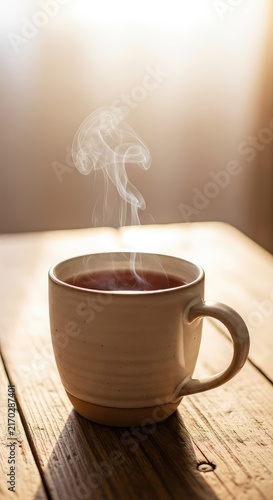 A ceramic mug filled with aromatic hot tea rests on a rustic wooden table, featuring rising steam and soft morning light in the background, herbal, home, wellness