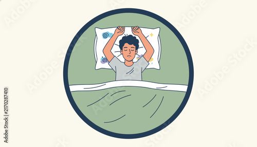 Young man sleeps peacefully in his bed on a pillow with decorative patterns, framed in a dark blue circle icon.