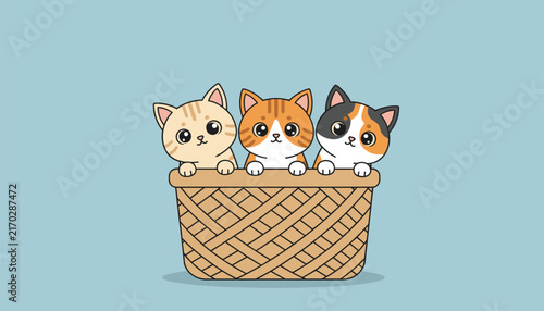 Three adorable cartoon kittens peek out of a woven basket against a calm blue background, showing cute pet design.