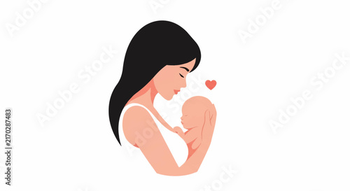 A simplified profile of a mother holding a newborn baby in skin-to-skin contact, a small heart icon floating above. Tender and intimate mood. Minimalist flat vector artwork, clipart style,