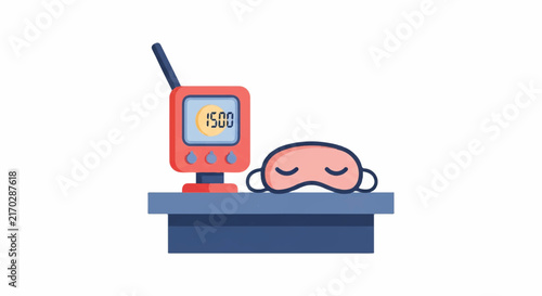 A baby monitor on a nightstand next to a sleeping mask, symbolizing the precious rest of a new mother. Quiet and restful mood. Minimalist flat vector artwork, clipart style, absolute solid block