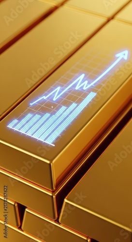 A close-up view of stacked solid gold bars featuring a glowing digital financial graph line showing upward growth and market stability, revenue, data, rising