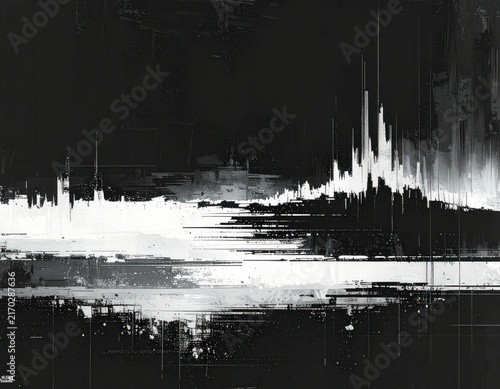 Black and white abstract digital glitch skyline.