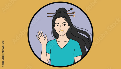 Young asian woman with a high hair bun and decorative hairpins waves her hand inside a black circular frame backdrop.