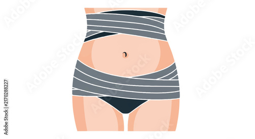 A symbolic representation of postpartum abdominal binding, showing a woman's torso with a neatly wrapped fabric belt. Minimalist aesthetic with plenty of negative space. Colors include soft