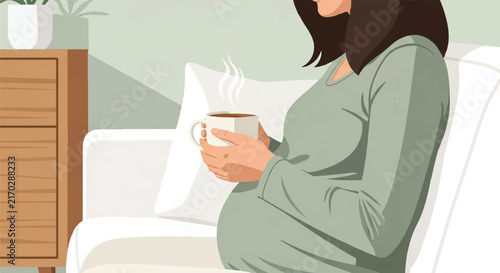 A side view of a postpartum mother sitting on a clean white sofa, holding a steaming ceramic mug of herbal tea with both hands. The scene is bright and airy with high-key lighting. Minimalist