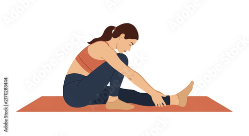 A woman in athletic wear performing a gentle pelvic floor stretch on a yoga mat. The composition is clean and centered with high contrast. Color palette of terracotta, sand, and deep navy.