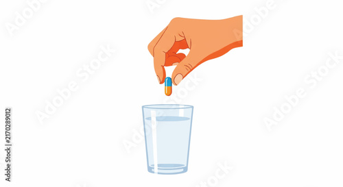 A hand holding a single vitamin capsule over a clear glass of water, symbolizing postnatal supplement recovery. Bright and clinical. Colors of orange, silver, and transparent blue. minimalist