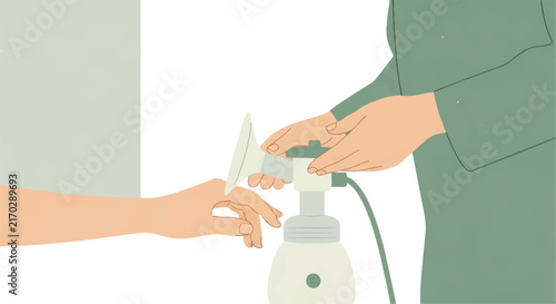 A flat vector depiction of a professional lactation consultant's hands guiding a mother's hand on a breast pump, focused on the supportive gesture, sage green and cream tones, minimalist flat