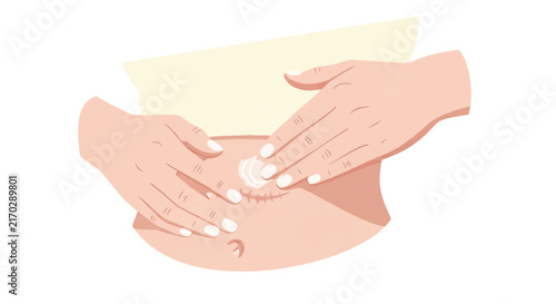 A clean minimalist flat vector of a hand gently applying ointment to a C-section scar area on a feminine torso, focusing on healing and scar care, ivory and rose colors, minimalist flat vector