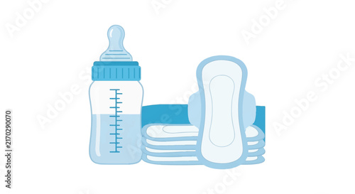 A minimalist flat vector illustration of a peri bottle and a stack of soft maternity pads, essential postpartum hygiene kit items, sky blue and white palette, minimalist flat vector artwork,