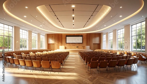 Elegant conference room with wooden seating and chandeliers.
