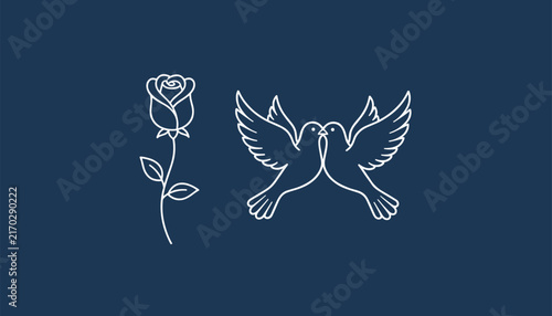 Simple line art of a single rose and two flying doves kissing against a solid dark blue background, symbolizing peace and love.