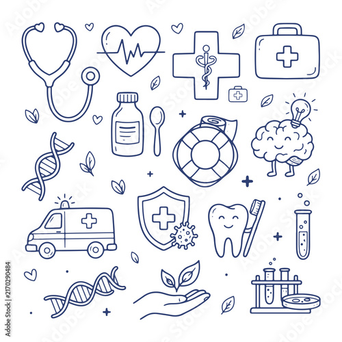 Medical and Healthcare Doodle Line Art Icon Set
