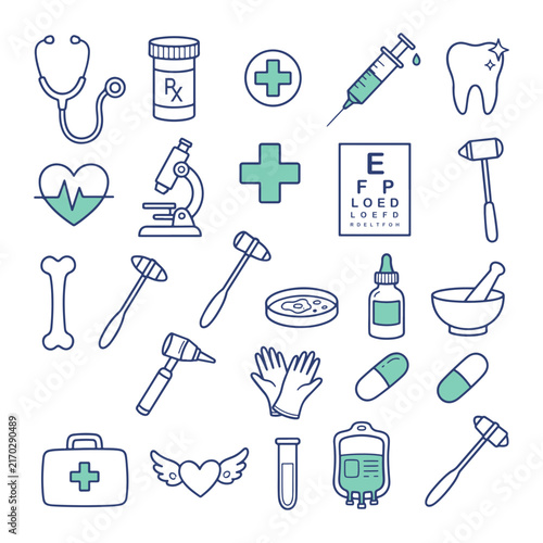 Medical Equipment and Healthcare Line Icon Set with Teal Accents