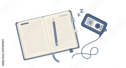 A top-down view of an open journal with a pencil and a baby monitor, symbolizing the focus on maternal mental health and reflection during infant naps, soft even lighting, palette of dusty blue