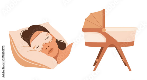 A side view of a sleeping mother's head on a pillow with a silk eye mask pushed up, next to a modern baby bassinet, emphasizing the importance of rest, soft morning light, palette of muted peach