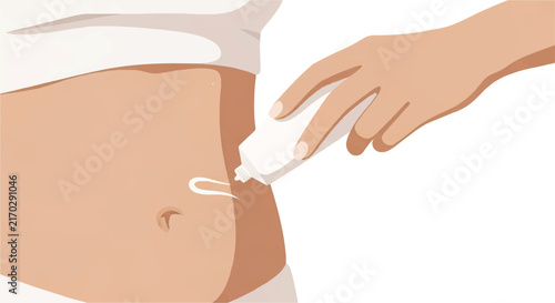A hand applying cream from a minimalist tube onto a stomach area, focusing on postpartum skin elasticity and stretch mark care, soft diffused lighting, palette of warm beige and clay, minimalist