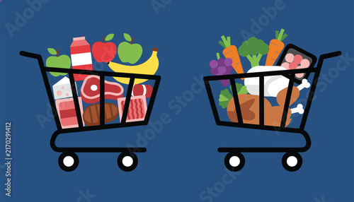 Two supermarket shopping carts filled with different groceries including fruits, vegetables, meat, bread, and dairy.