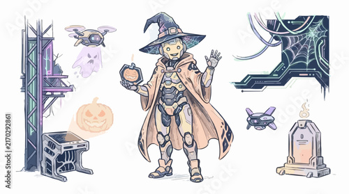 Digital Wizard Robot Character Concept Art with Cyberpunk Halloween Elements