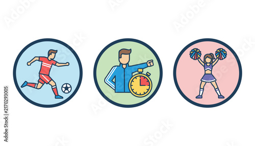 Set of three circular icons depicting a soccer player running, a sports coach holding a stopwatch, and a cheerful cheerleader.