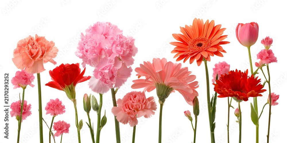 Obraz premium A vibrant arrangement of pink, coral, and red carnations, gerberas, and a tulip displayed against a white background.