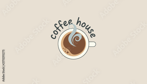 Simple coffee house logo design featuring a top view of a coffee cup with swirling steam on a warm beige background.