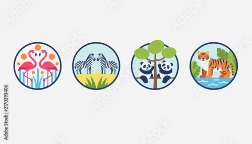 Set of four circular wildlife badges featuring stylized illustrations of flamingos, zebras, pandas, and a majestic tiger.