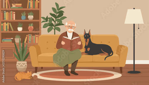 Senior man reads an interesting book on a yellow couch beside his big dog while a cute cat sleeps on the floor rug.
