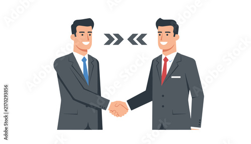 Two professional businessmen in dark gray suits shake hands to seal a successful business deal or partnership.