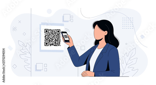 Woman using smartphone to scan QR code for digital payment or information access